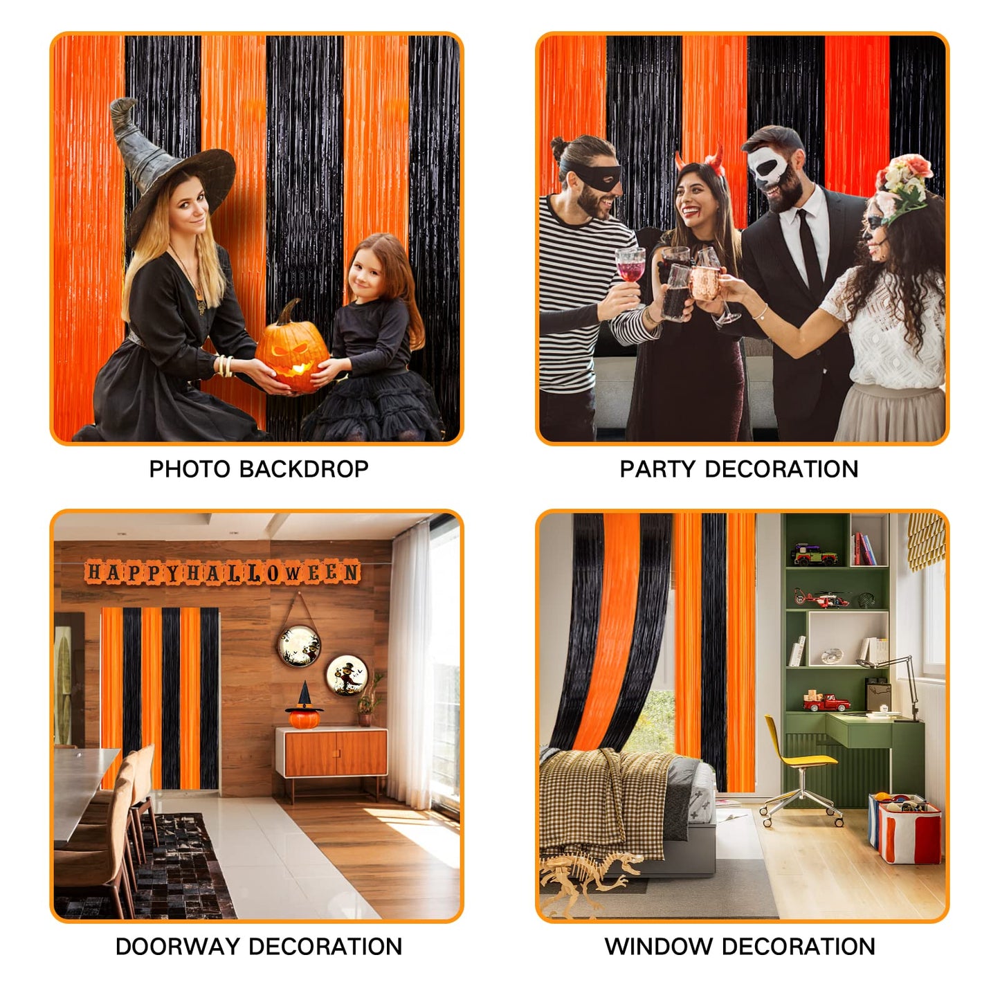 4 Pack Black and Orange Tinsel Foil Fringe Curtains, Halloween Party Photo Backdrop Streamers Backdrop for Birthday Anniversary Party Halloween Party Decoration