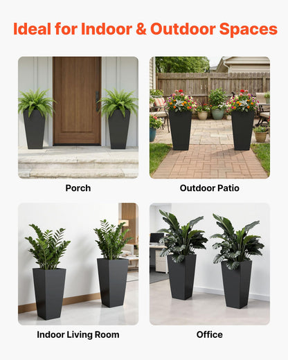 VEVOR 26 Inch Tall Planter Set of 2, Outdoor Large Tall Planters for Outdoor Indoor Plants, Tapered Black Planter for Front Porch, Patio, Garden, Plant Container Flower Pots with Built-in Drainage