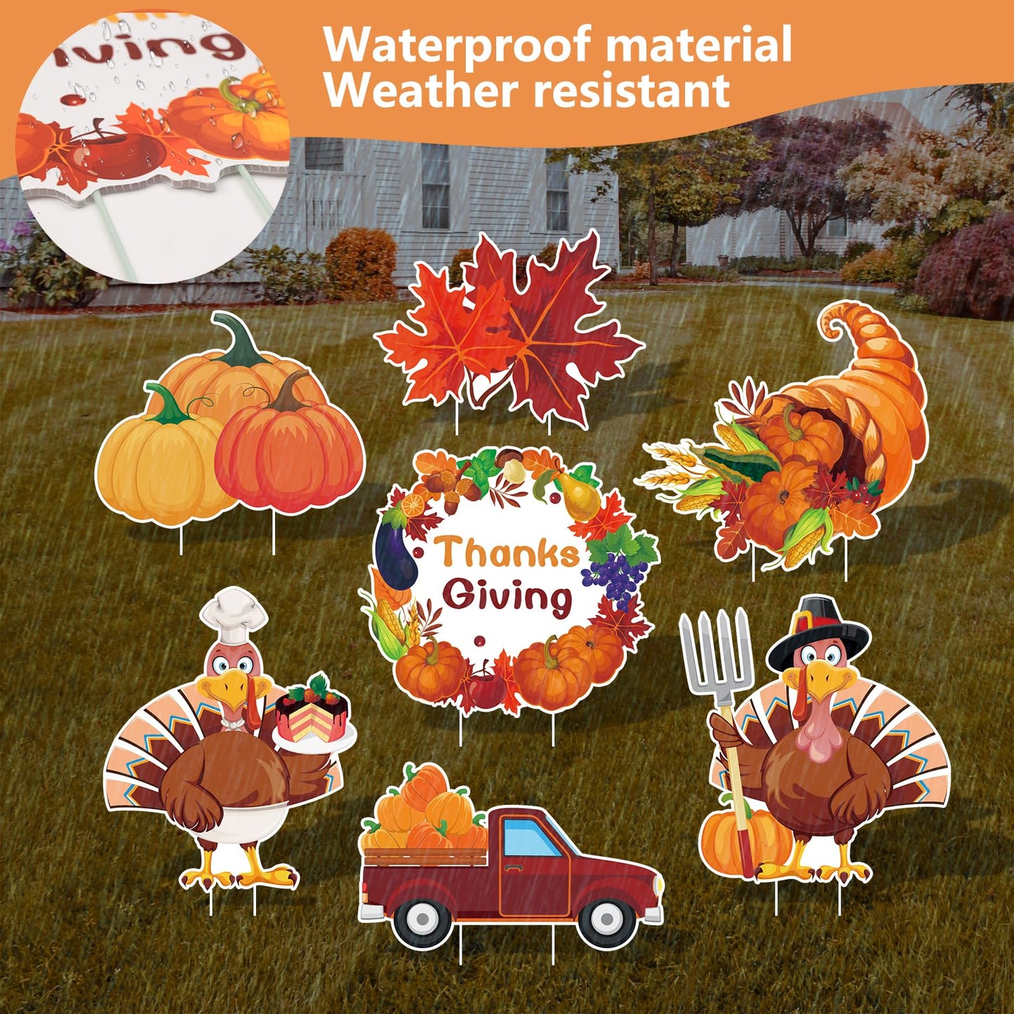 Arosche Thanksgiving Yard Signs 7pcs with Stakes Happy Thanksgiving Decorations Outdoor Turkey Pumpkin Leaf Harvest Garden Wall Porch Signs Seasonal Holiday Party Supplies Lawn Yard Decorations