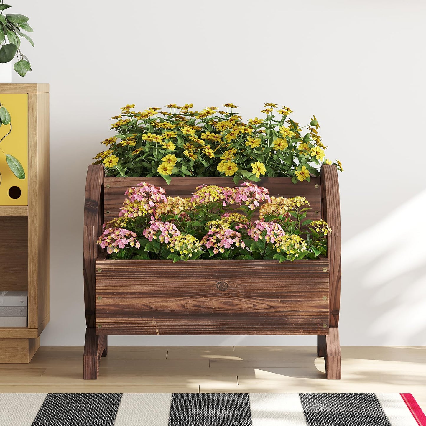 Wieghda Wooden Wagon Planter Flower Cart Farm Stand Garden Decor Planter for Outdoor Patio Balcony Decoration,Rustic Farmhouse Wishing Well Decor Succulent Planter Indoor Backyard (Carbonized)