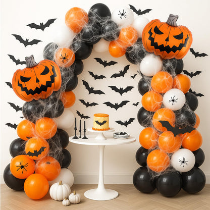 Arrowbash Halloween Balloon Garland Arch Kit 5/10/12/18 Inch Orange and Black White Balloon Arch with 2 Foil Pumpkin Decor, PVC Bats & Spider Web for Halloween Party Decorations(Classic)