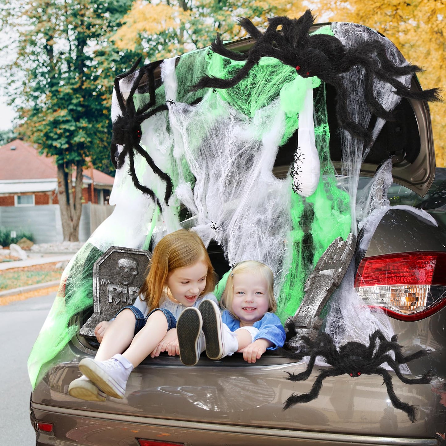 Hiboom Trunk or Treat Halloween Car Decoration Spider and Tombstones Set Including 2 Tombstones 3 Hairy Spiders 60 Little Realistic Spider White Cotton Web Green Cotton Web Spider Egg Sack
