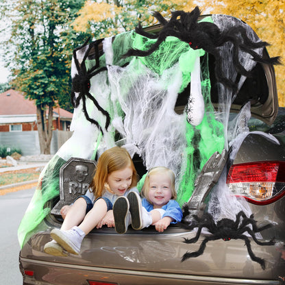 Hiboom Trunk or Treat Halloween Car Decoration Spider and Tombstones Set Including 2 Tombstones 3 Hairy Spiders 60 Little Realistic Spider White Cotton Web Green Cotton Web Spider Egg Sack