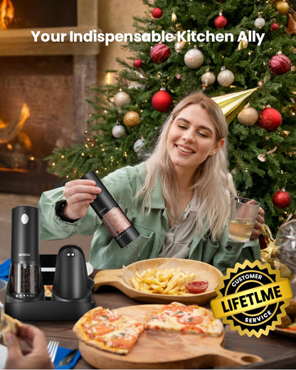 Electric Salt and Pepper Grinder Set with Rechargeable Base - Automatic Refillable Electric Salt and Pepper Shakers with Large Capacity, LED Light & Adjustable Coarseness, Black