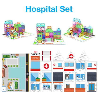 PicassoTiles 3-in-1 Theme Set School Hospital Police Station Magnet Self Adhesive Backing Stick-On Sheet Combo w/Car Magnet Building Block Playset STEM Learning Construction Brain Development Kit
