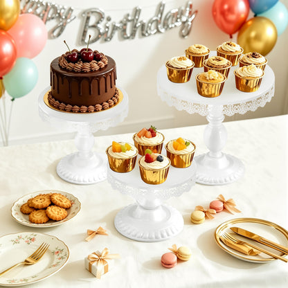 VMFKPNR 3 PCS White Cake Stands (8"&10"&12" Plate), Cupcake Stand with a lace Hollow Border Metal Cake Stand Set for Birthday Party, Wedding, Anniversary, Baby Shower