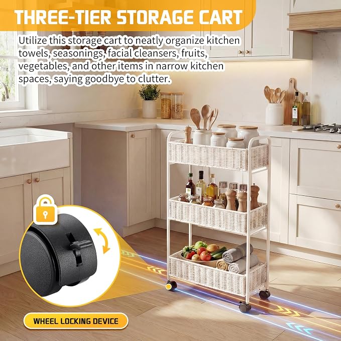 FOCHIER F Utility Slim Storage Cart,3-Tier Rolling Kitchen Office Laundry Room Cart,Mobile Shelving Unit Organizer for Living Room Bathroom Baby Diaper Narrow Places (White, UC-White-7.1inch)