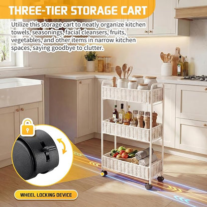 FOCHIER F Utility Slim Storage Cart,3-Tier Rolling Kitchen Office Laundry Room Cart,Mobile Shelving Unit Organizer for Living Room Bathroom Baby Diaper Narrow Places (White, UC-White-7.1inch)