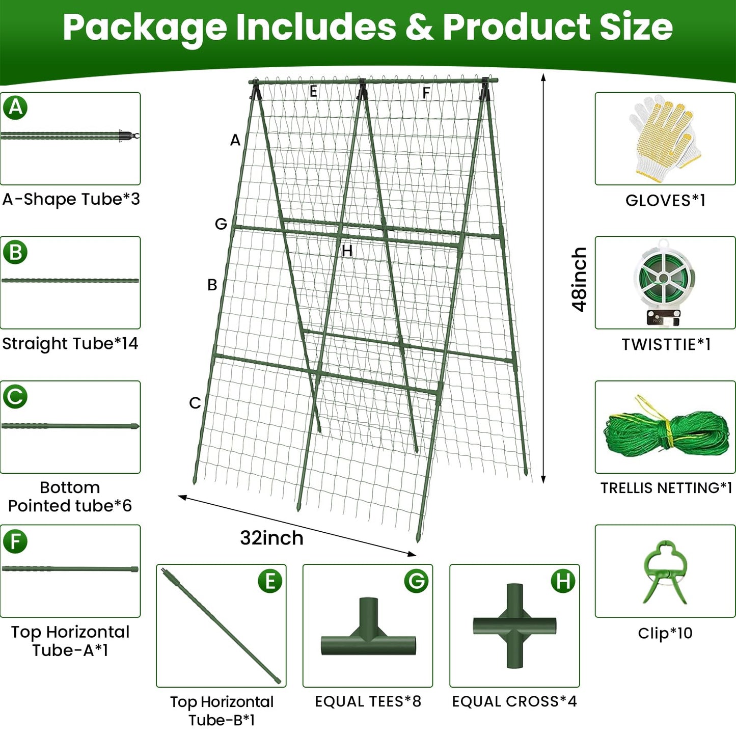 2 Pack Cucumber Trellis 32" L x 48" H, A-Frame Garden Trellis for Climbing Plants Outdoor, Vegetable Trellis for Raised Bed, Support for Squash Pea Zucchini Grape Flowers Tomato