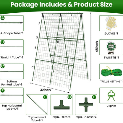 2 Pack Cucumber Trellis 32" L x 48" H, A-Frame Garden Trellis for Climbing Plants Outdoor, Vegetable Trellis for Raised Bed, Support for Squash Pea Zucchini Grape Flowers Tomato