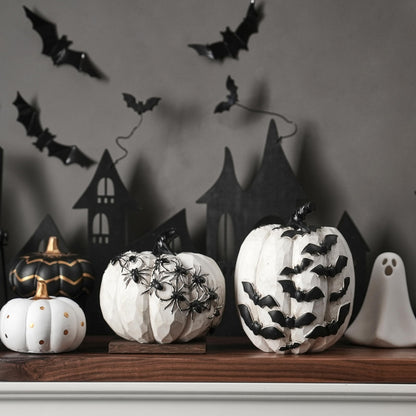 FESTGLOX Resin Halloween Pumpkins with Bats and Spiders, 2Pcs White and Black Pumpkin Decor, Small Decorative Pumpkin for Halloween Decorations, Home Tabletop Indoor Party Decor