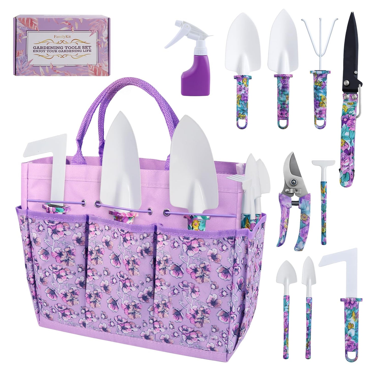 Gardening Tools Set for Women, 10-Piece Purple Floral Heavy Duty Garden Tool Set with Storage Tote Bag, Gardening Tools Kit with Ergonomic Non-Slip Handle, Ideal Women's Gift for Gardening
