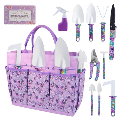 Gardening Tools Set for Women, 10-Piece Purple Floral Heavy Duty Garden Tool Set with Storage Tote Bag, Gardening Tools Kit with Ergonomic Non-Slip Handle, Ideal Women's Gift for Gardening