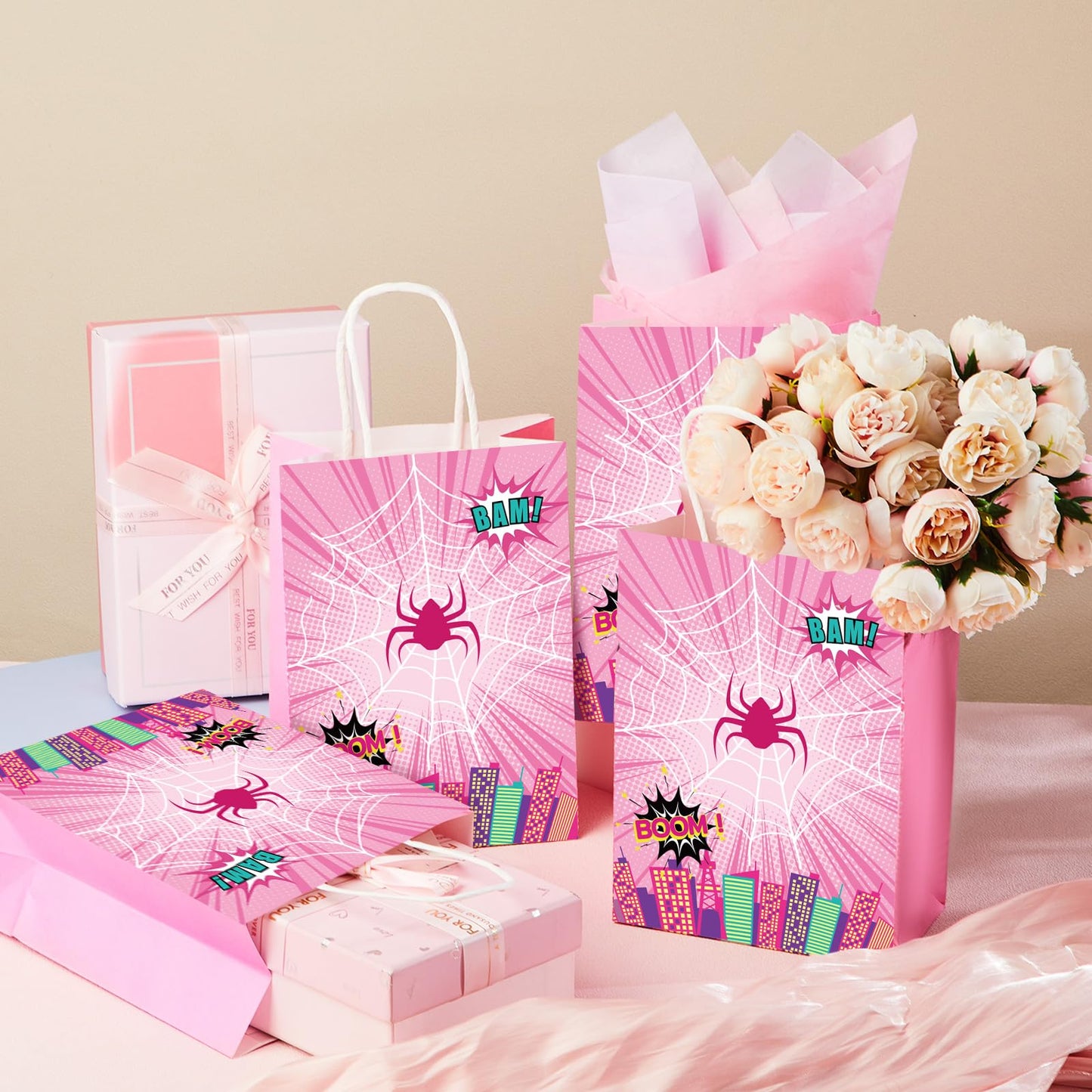 Henoyso 24 Pcs Pink Spider Party Favor Goodie Bags with Handles Pink Ghost Theme Birthday Decorations Treat Candy Snack Gift Bags for Baby Shower Birthday Party Supplies