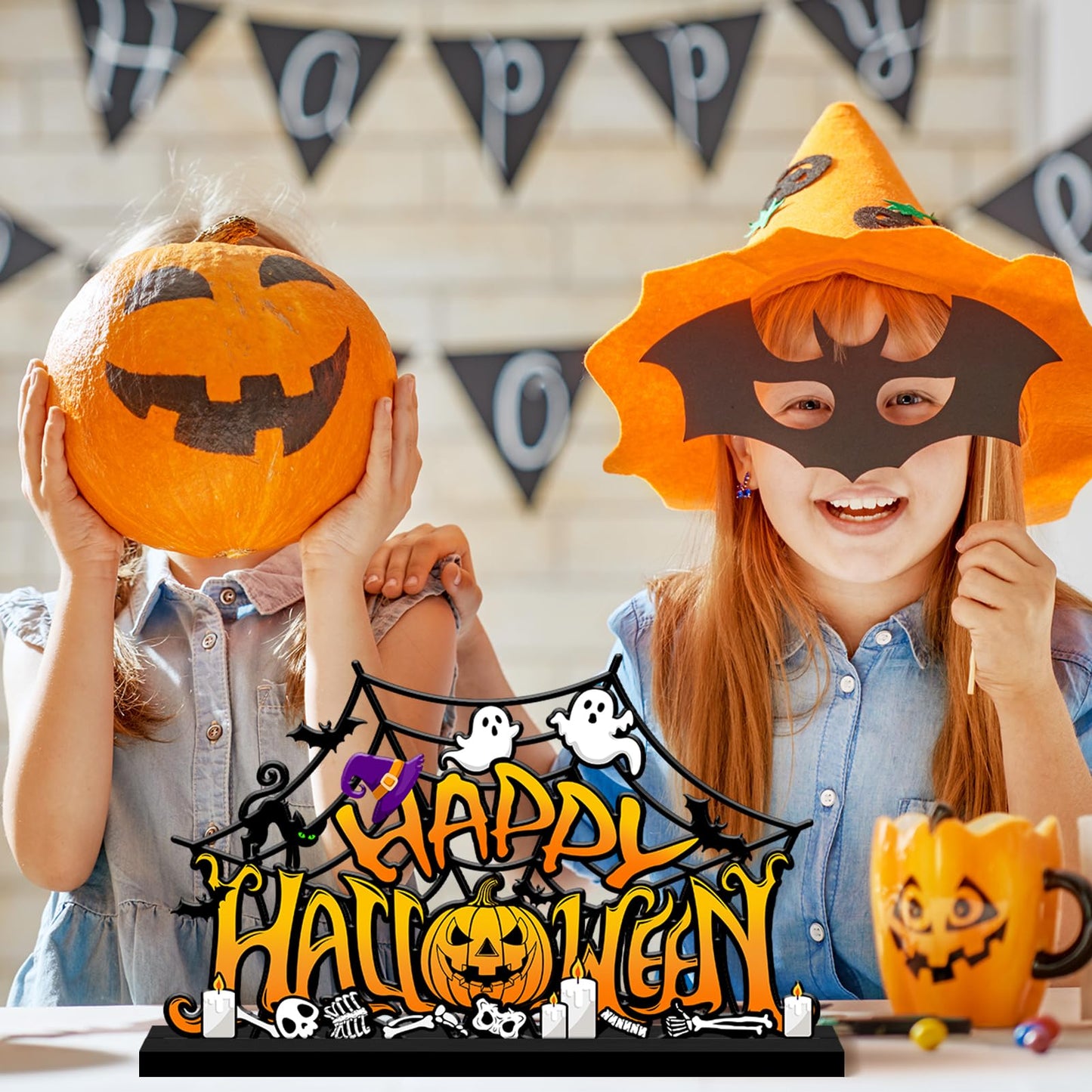Halloween Decorations for Home Metal Tabletop Sign, Spooky Pumpkin Ghost Table Decor Rustic Farmhouse Halloween Tiered Tray Decor Metal Sign Tabletop Centerpiece for Home Mantel Shelf Desk