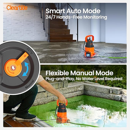 Cleartide 1/4 HP Submersible Utility Pump, 2160 GPH High Flow, Thermoplastic Portable Sump Pump with Auto Water Sensor, Ideal for Pool, Flooded Basement, Hot Tub, Pond & Garden Draining,10 FT Cord