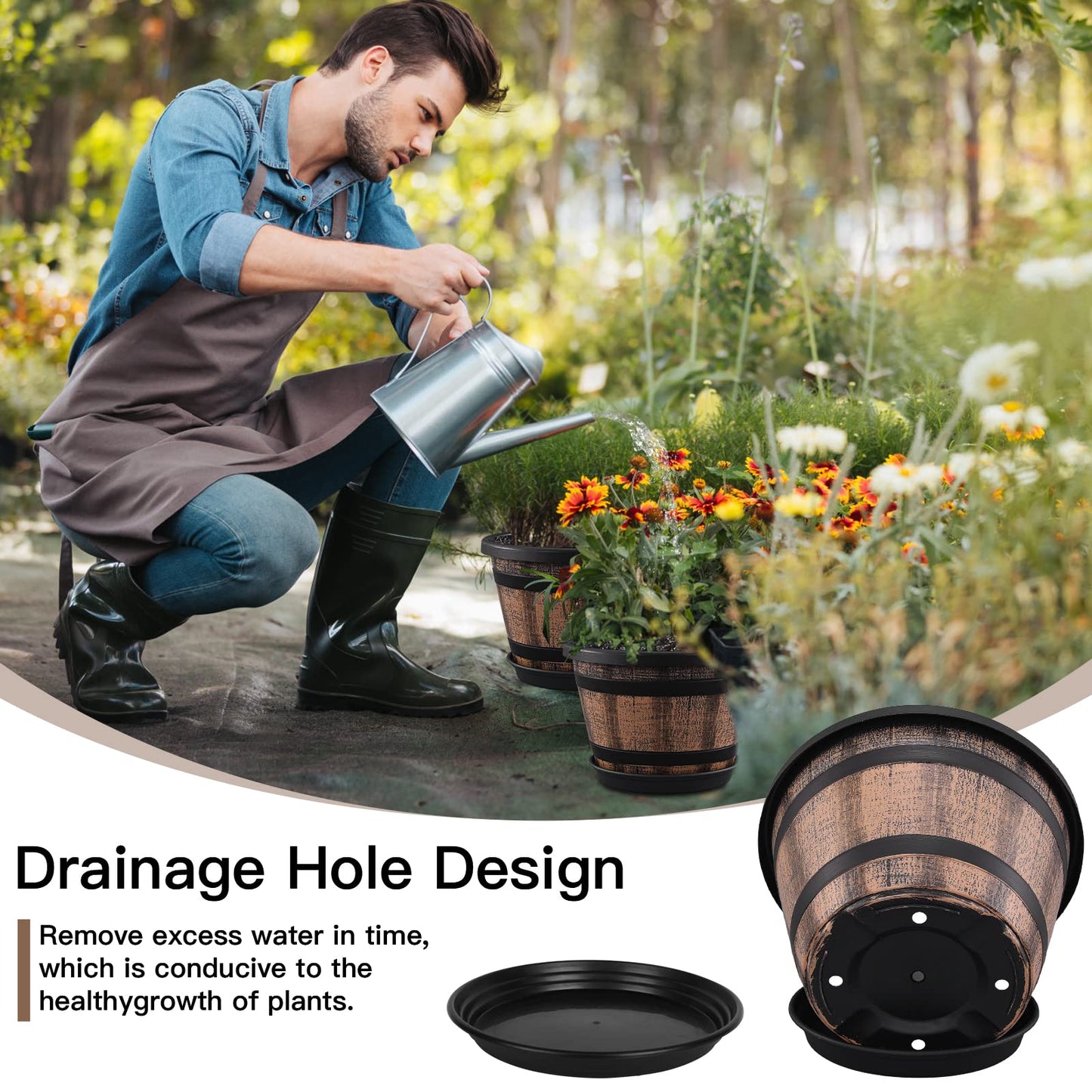 Quarut Large 4 Pack12 inch Plant Pots and 4 Pack14 inch Plant Pots,Flower Pots Imitation Wine Barrel Design for Indoor & Outdoor