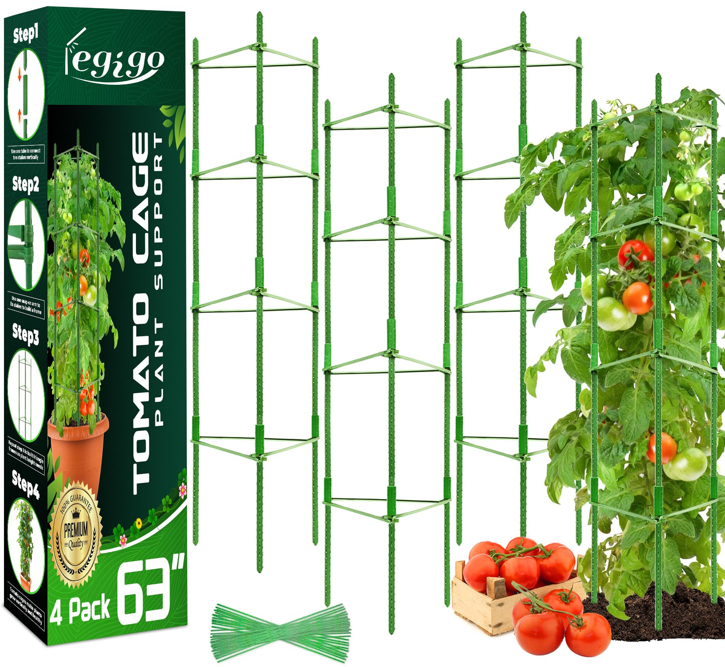 Legigo 4-Pack Tomato Cage for Garden Plant Support- Up to 63inch Garden Stakes Tomato Cage, Tomato Trellis for Potted Plants, Tomato Cages Plant Stakes for Climbing Vegetables Plants Flowers