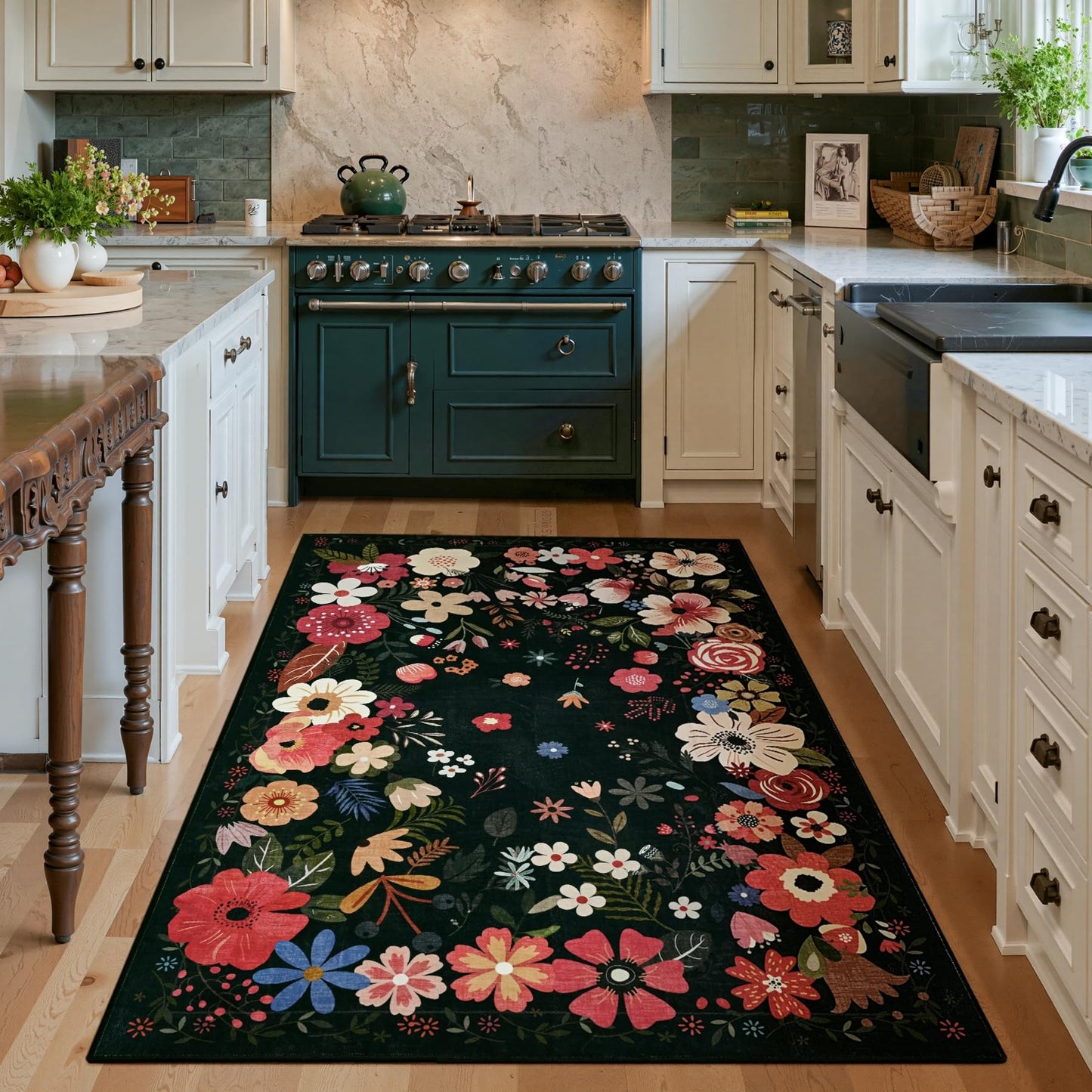 Vasofe 3x5 Rug for Bedroom,Washable Rugs for Living Room, Entryway, Indoor Floor Mat, Small Floral Mats for Nrusery, Farmhouse, Laundry Room, Playroom, Office, Non Slip Low Pile Soft Carpet, Black