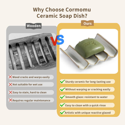 Cormomu Soap Dish with Self Drain Fluted Design, Bar Soap Holder for Bathroom, Japanese Soap Tray for Shower, Bathroom and Kitchen Sink Organizer, Ceramic Soap Saver, White