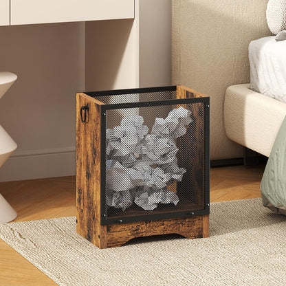 HOOBRO Retro Industrial Trash Can, 4.5 Gallon Metal Mesh Waste Basket with Wooden Base, Small Garbage Can for Office, Bedroom, Under Desk, Rustic Brown and Black, BF06LJ01