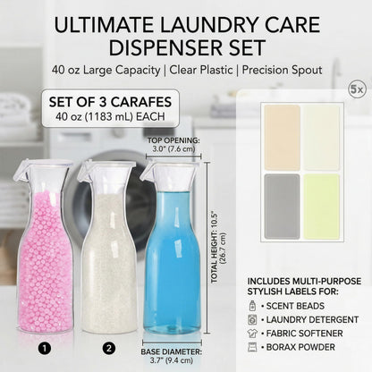 YIMITEE 3 Pack Laundry Detergent Dispenser with 5 Labels, 40 OZ Plastic Fabric Softener Bottle, Reusable Detergent Container, Laundry Room Organizer for Liquid Soap Powder Bleach Scent Booster Beads