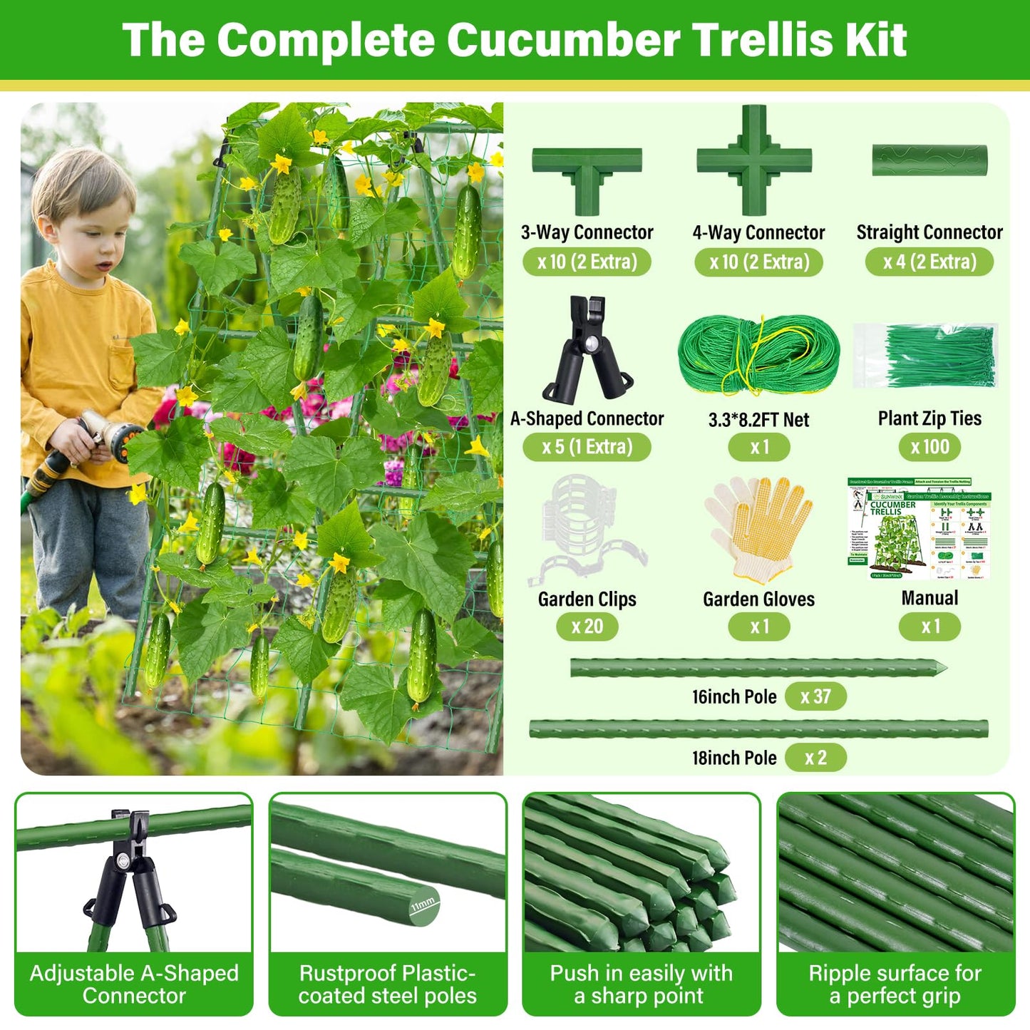 Sunwinx 53x51 Inch Cucumber Trellis for Raised Bed, Adjustable A-Frame Garden Trellis for Climbing Plants Outdoor with Climbing Net, Meal Plant Trellis for Vegetables Pea Bean Tomato Grape Squash