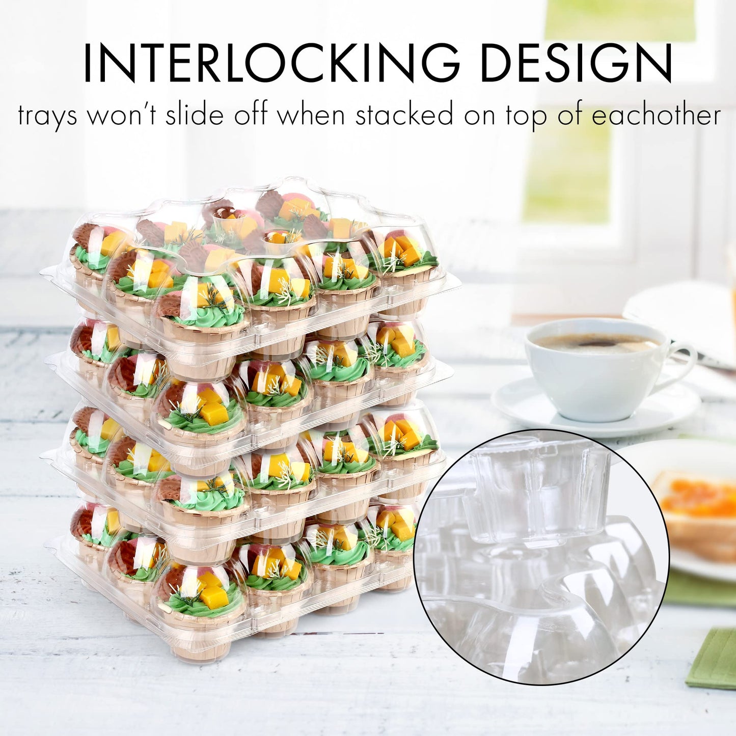 LotFancy (12 Count x 5 Sets) Cupcake Containers with 60 Liners, Plastic Stackable Cupcake Boxes, Disposable Muffin Holder with Detachable Tall Dome Lid, BPA Free, Clear Cupcake Carrier, Standard Size