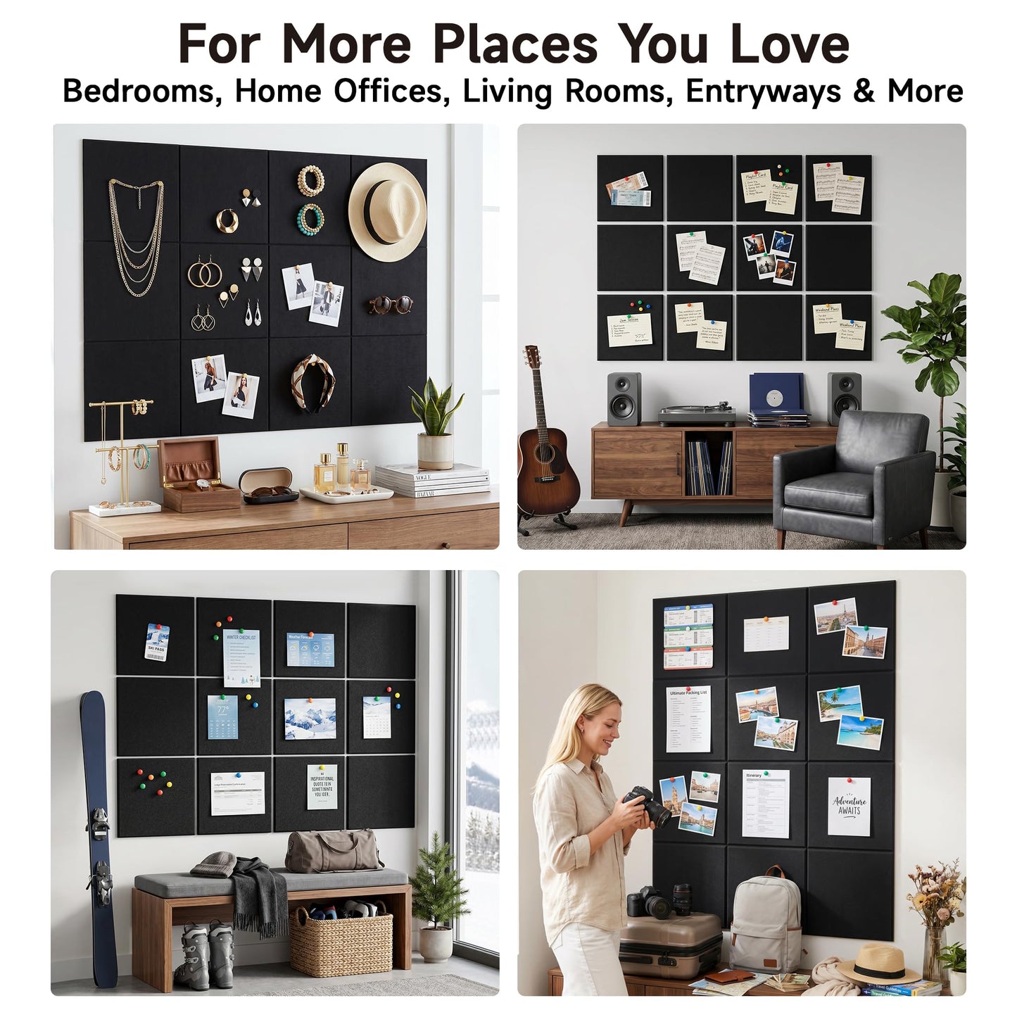 MISSDAY Black Acoustic Wall Panel Felt Bulletin Board 48" x 36" Cork Board for Wall, 12-Pack Boards with 72 Removable Adhesive Tabs, 50 Pins, Pin Board for Home Office Classroom Soundproof Wall Tile