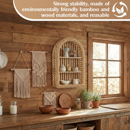 Pinkunn 20'' x 12'' 3 Tier Rattan Wall Shelf Boho Arch Hanging Shelves Arched Wall Mounted Wicker Shelf Decorative Farmhouse Handcraft Floating Storage Display Rack for Bathroom Living Room Decor