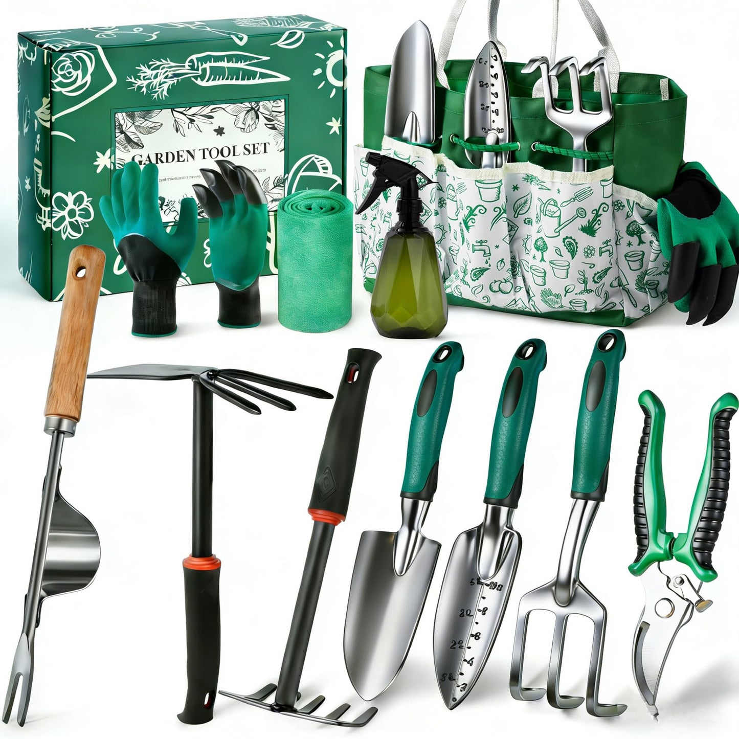 Alitifiy Garden Tool Set, 12-Piece Complete Stainless Steel Gardening Essentials, Heavy Duty Garden Tools with Large Storage Tote, Gardening Gifts for Women, Men, Mom & Dad Beginners Gardeners, Green
