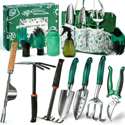 Alitifiy Garden Tool Set, 12-Piece Complete Stainless Steel Gardening Essentials, Heavy Duty Garden Tools with Large Storage Tote, Gardening Gifts for Women, Men, Mom & Dad Beginners Gardeners, Green