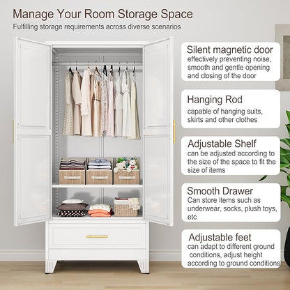 erosoei 71" H Metal Tall Armoire Wardrobe Closet with Drawer,Household Steel Wardrobe Closet Cabinet with Drawers,Clothing Storage Wardrobe Cabinet with Adjustable Shelves and Hanging Rod for Bedroom