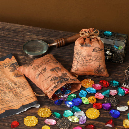 RICHNESS 16pcs Pirate Party Favor Bags Treasure Map Bag with Drawstring Closure Satin Party Loot Bags 4.5X6 Inches Goodie Bags