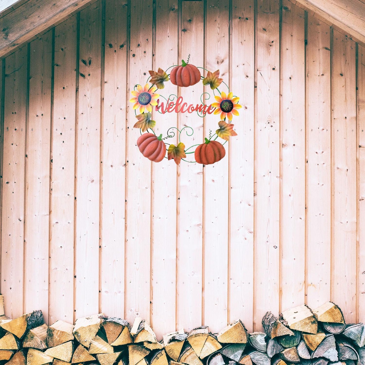 Metal Fall Pumpkin Welcome Wreaths Autumn Harvest Wreath Front Door Porch Outdoors Decorations, Autumn Halloween Thanksgiving Decorative Pumpkins Wall Decor