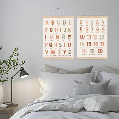 Alphabet Numbers Poster Hanger Frame Set of 2, Nursery Wall Decor, Boho ABC Poster Wall Art with Wooden Frames, Alphabet Banner Wall Hanging Decor for Boy Toddler Room Playroom, 12x16 Inch