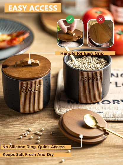 YHOJOY Salt Container for Countertop, Ceramic Salt Cellar with Lid & Spoon, Farmhouse Salt Bowl for Mother's Day, 10 OZ, Black