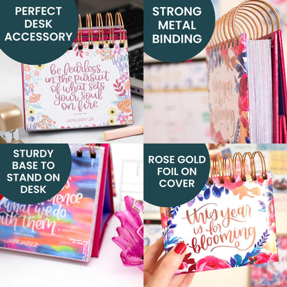 bloom daily planners Undated Perpetual Desk Easel with Motivational Quotes - Inspirational Standing Flip Calendar for Women - Page A Day (5.25" x 5.5") - Hand-Lettered