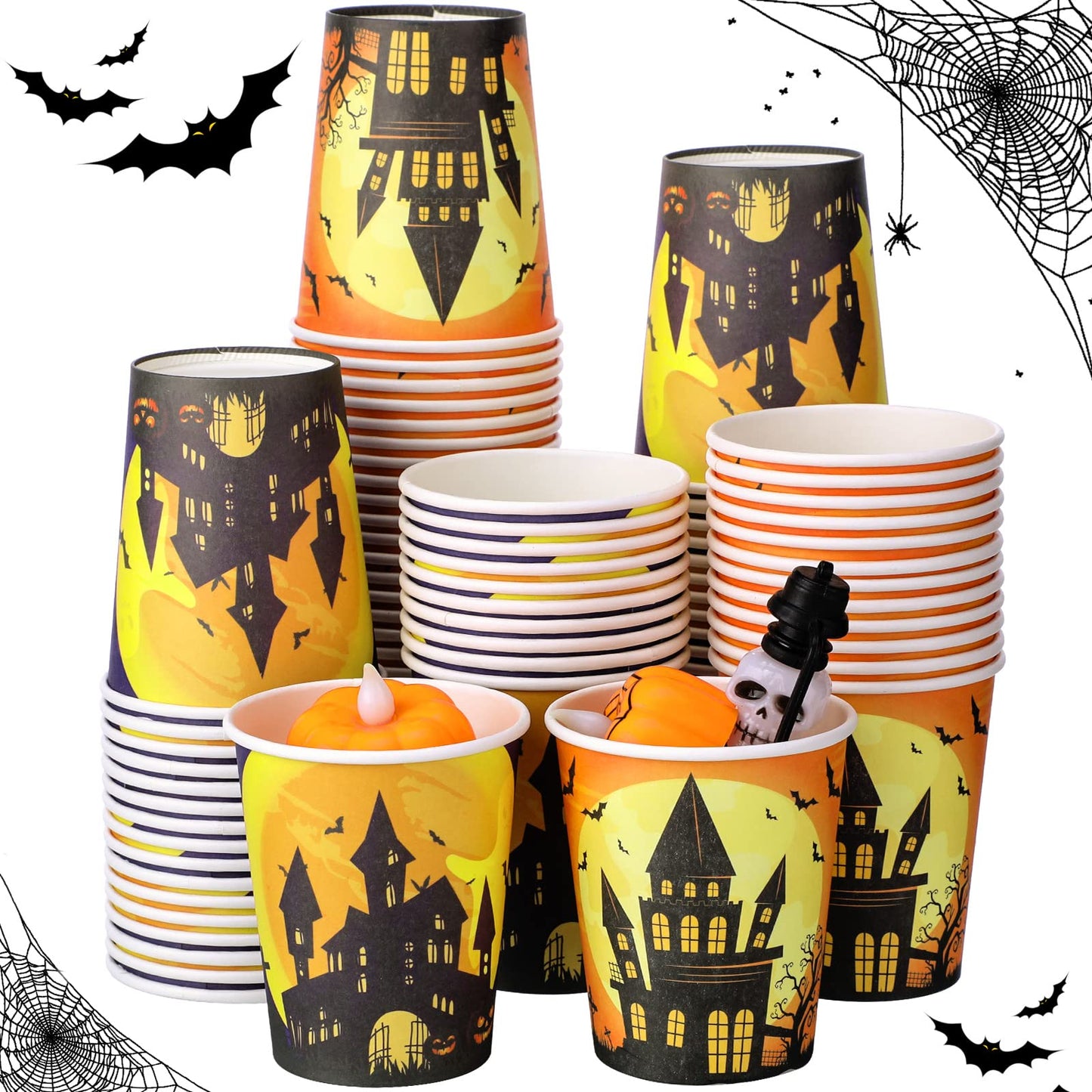 Rtteri 100 Pcs Halloween Disposable Paper Cups 9 oz Disposable Pumpkins Castle Cups for Adults Hot Cold Beverage Juice Snack and Drink Cup Coffee Cups Decoration Supplies for Halloween