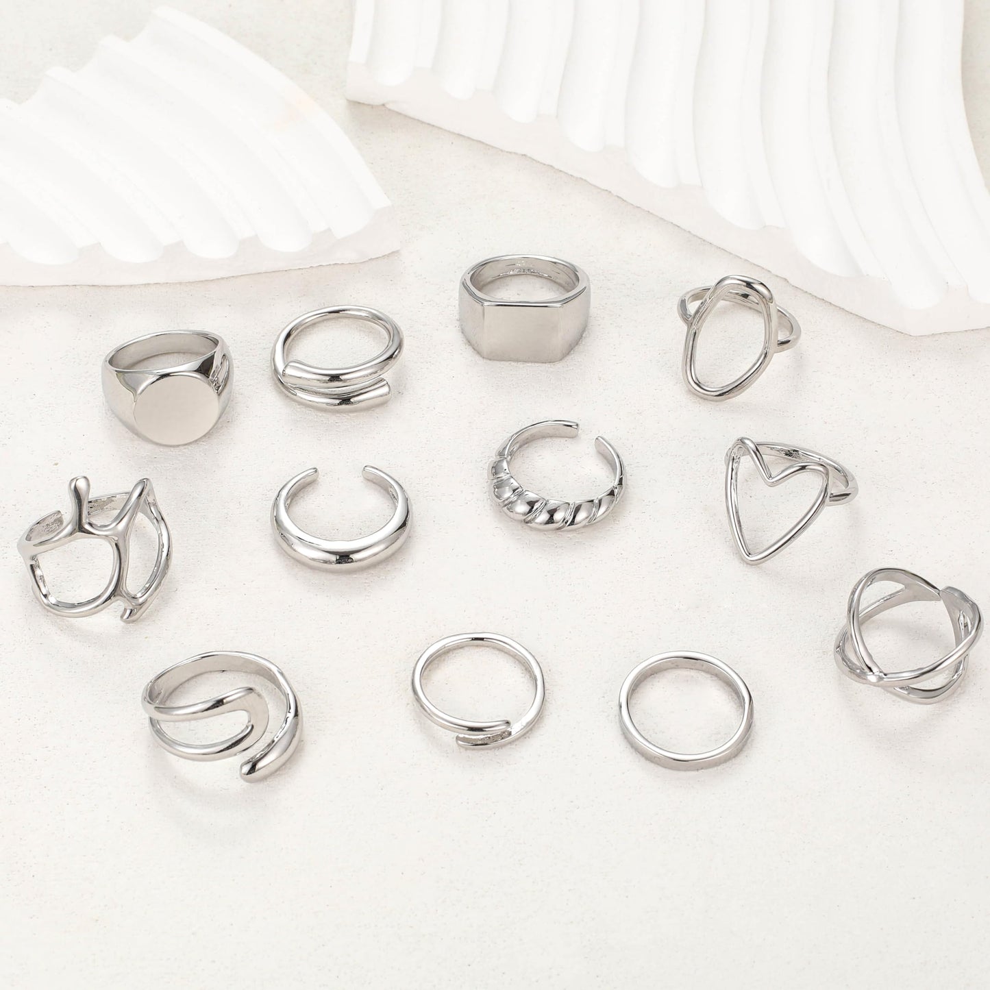 FAXHION 12PCS Gold Stackable Rings Set for Women, 18K Gold Plated Open Stacking Knuckle Ring, Adjustable Chunky Signet Band Statement Ring for Gift