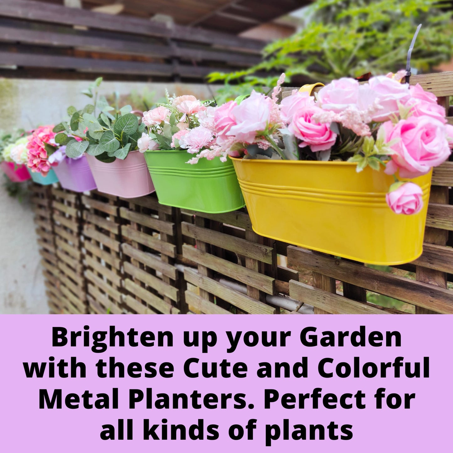 LaLaGreen Bundle - 4 Pack, 11.8 Inch Black + 6 Pack, 11.2 Inch Multicolor Rounded Metal Iron Hanging Flower Pot Wall Mount Modern Window Bucket Box Porch Deck Railing Fence Outdoor Garden Plant Holder