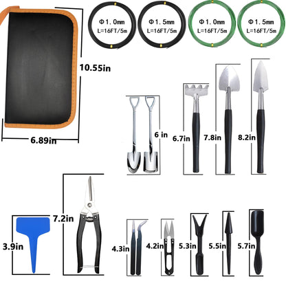 Bonsai Tools Set, 38Pcs Gardening Trimming Tools Kit Indoor Succulent Tool with 4 Tree Training Wire, Plant Repotting Mat, Bonsai Scissors in Leather Bag
