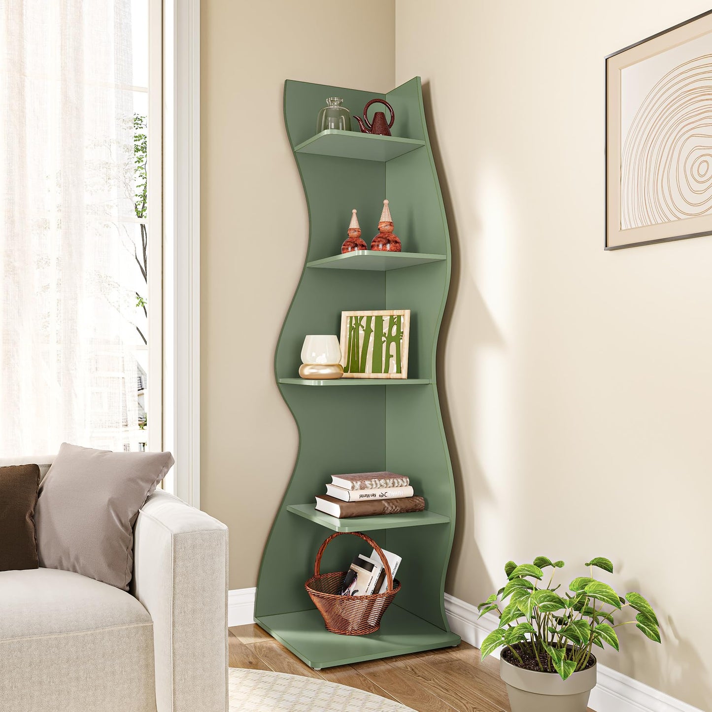 LITTLE TREE Small Corner Shelf, Modern 5-Tier Wall Corner Bookshelf, Stylish Bookcase Storage Rack for Small Space, Living Room, Bedroom