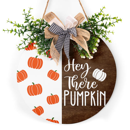Hey There Pumpkin Front Door Sign 12"x12" Welcome Fall Door Hanger Autumn Thanksgiving Sign Farmhouse Fall Decorations Hanging Porch Sign Rustic Autumn Outdoor Plaques Wall Art Sign for Home