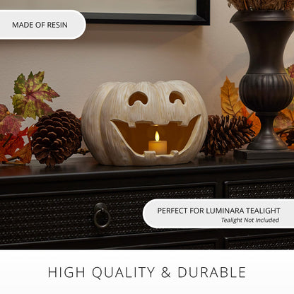 Luminara Jack-o'-Lantern Pumpkin Tealight Holder - Perfectly Pale 10"x6.75" - Halloween Dry Brush Resin Fall Home Autumn Harvest Festival Party Decor