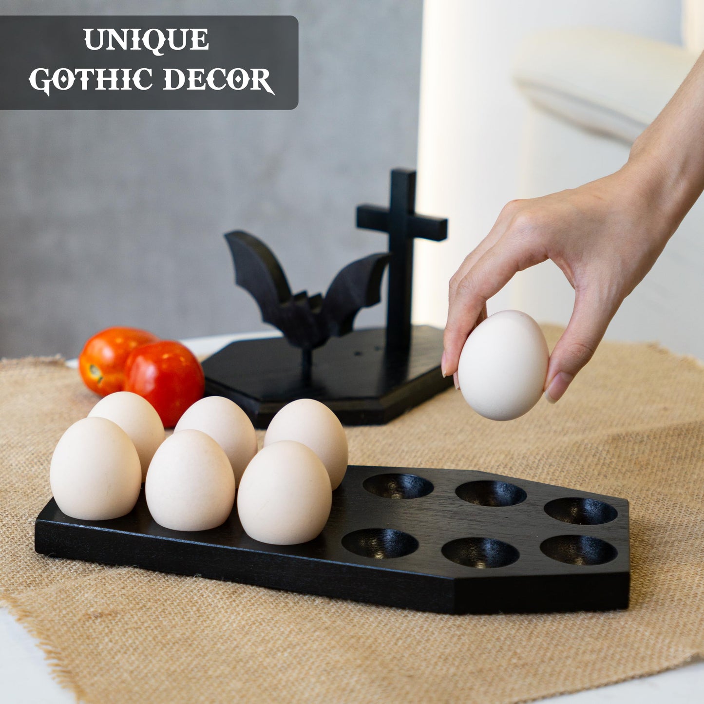 Spooky Gothic Coffin Egg Tray - Black Wooden Egg Holder for Soft Boiled Eggs - Unique Halloween Kitchen Decor - Ideal Gothic Kitchen Accessory - Perfect for Witchy, Haunted House Themes (12 eggs)