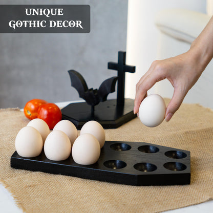 Spooky Gothic Coffin Egg Tray - Black Wooden Egg Holder for Soft Boiled Eggs - Unique Halloween Kitchen Decor - Ideal Gothic Kitchen Accessory - Perfect for Witchy, Haunted House Themes (12 eggs)