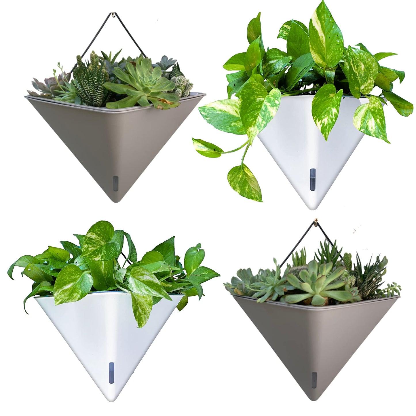 LaLaGreen Bundle - 12" x 6 Pack White + 12" x 2 Pack Gray Large Self Watering Geometric Hanging Flower Vase Vessel with Metal Hanger, Modern Stylish Wall Mounted Succulent Pot Holder Decor