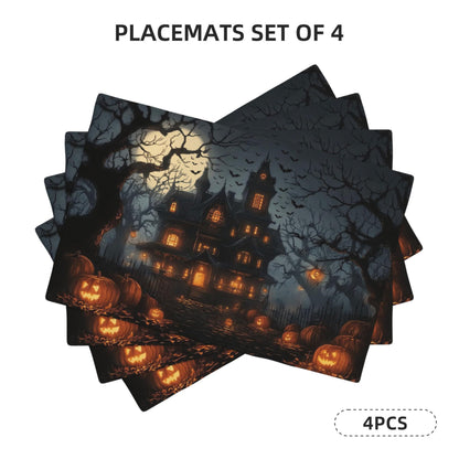 Halloween Horror Castle Placemats Set of 4 Washable Table Place Mats for Dining Kitchen Party Decor