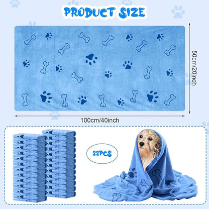 Tatuo 22 Pcs Dog Towels for Drying 20 x 40 Inch Pet Bath Towels Absorbent Microfiber Towel Quick Drying Puppy Bathing Supplies for Small Medium Large Dog Puppy Cat(Blue,Bone Pattern)